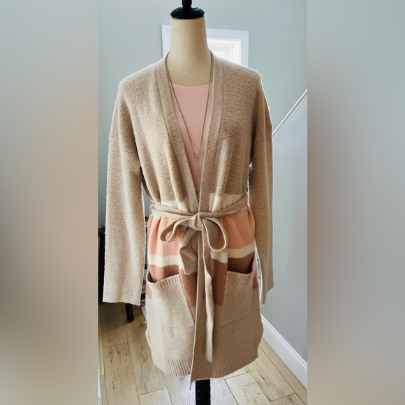POEM & THREAD Long Cardigan Sweater Coat Open Front Belted Champagne Ivory/Pink - Picture 3 of 14